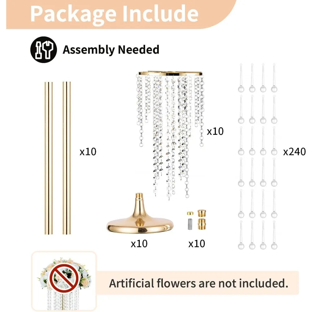 Crystal Wedding Centerpieces - 10pc 29.5in Tall Gold Vases for Elegant Floral Displays