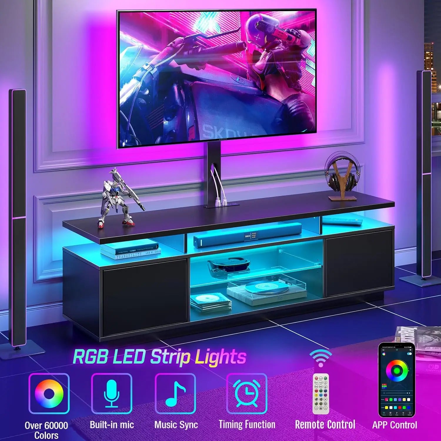 TV Stand with Mount and Power Outlet 51.2", Swivel TV Stand Mount for 32/45/55/60/65/70 inch TVs, Modern Entertainment Center