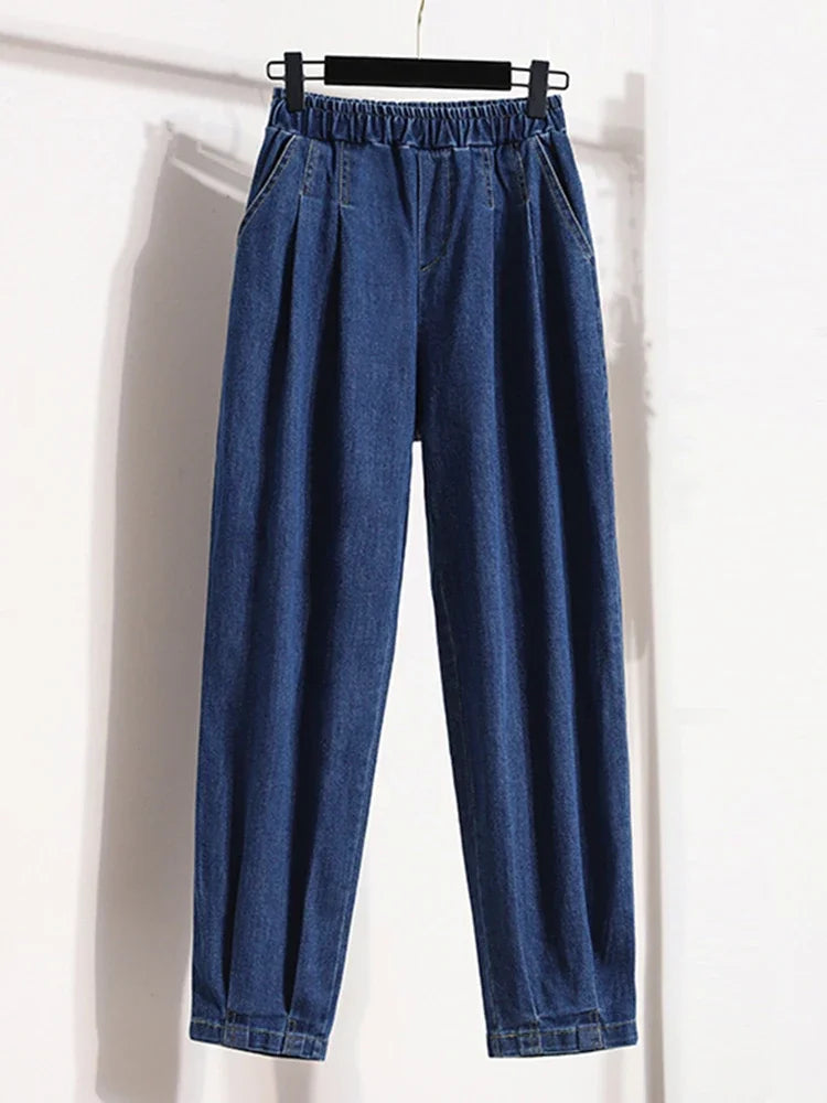 New 2024 Autumn Plus Size Jeans For Women High Elastic Waist Loose Blue Black Color Jeans Trousers Korean Fashion Casual Pants