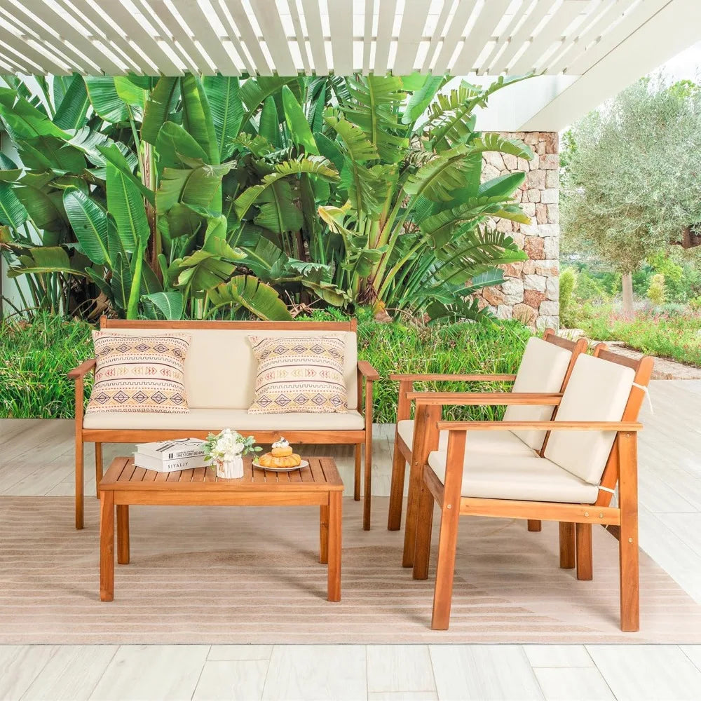 Greesum 4 Piece Bistro Patio Furniture Outdoor Chat Chair Set with Water Resistant Cushions and Coffee Table for Beach Backyard