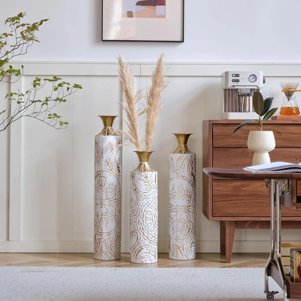Set of 3 White & Gold Metal Vases - Stylish Floor Decoration, 24in/28.7in/33.5in Tall for Elegant Home Décor