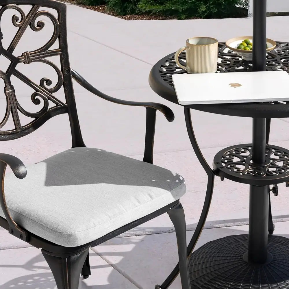3 Piece Outdoor All Weather Cast Aluminum Patio Bistro Set Patio Table and Chairs Set of 2 with Umbrella Hole and Grey Cushions