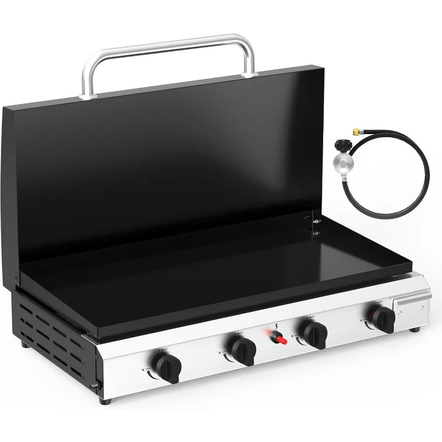 4 Burner Portable Propane Griddle with Lid 40000BTU Tabletop Flat Gas Grill with Ignition and Oil Collector for Outdoor Cooking