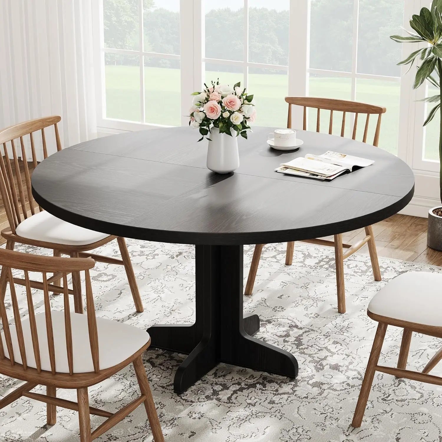 Round Dining Table for 4, 47 Inch Farmhouse Circle Kitchen Table with Wood Tabletop and Stable Base, for Home Dining Room Living