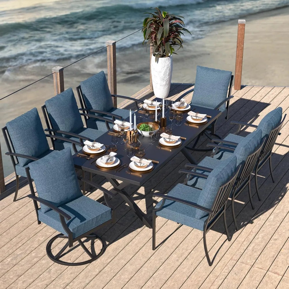 9 PCS Outdoor Dining Table Set for 8, Fence Pattern Back Chairs & Swivel Chairs, Iron Longboard X-Leg Table w/Parasol Hole, Pat