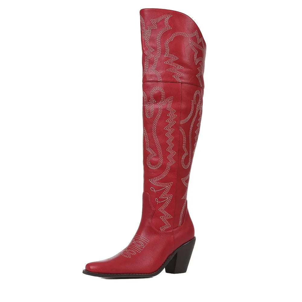 Vintage Western Cowboy Boots For Womens Fashion Embroidered Pointed Toe Chunky High Heels Party Date Thigh High Cowgirl Boots