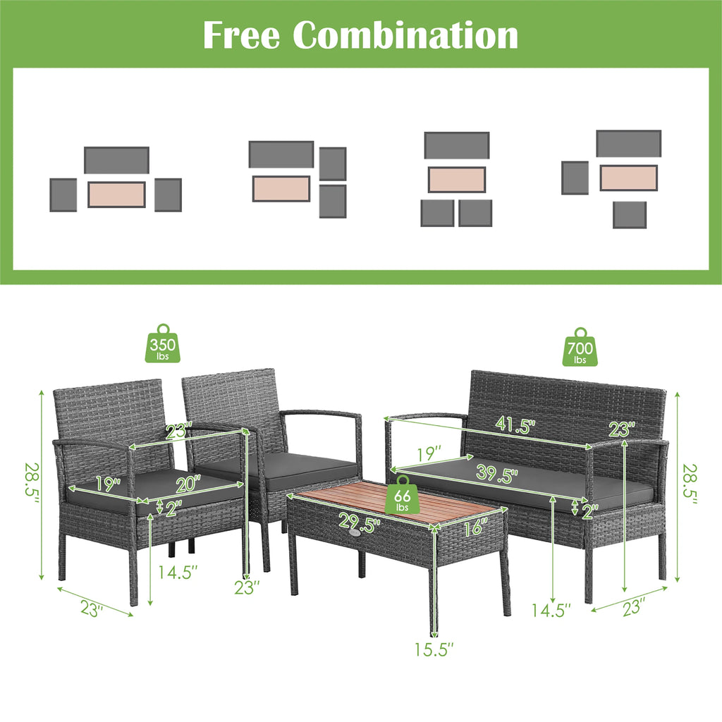 4PCS Patio Rattan Furniture Set Cushioned Chair Wooden Tabletop Gray