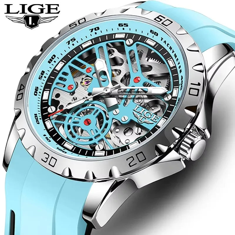 LIGE New Watches Mens Skeleton Mechanical Automatic Watch Top Brand Luxury Luminous 30M Waterproof Watch For Men Relojs Hombre