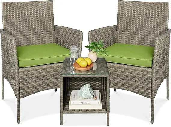 3-Piece Outdoor Wicker Conversation Bistro Set, Space Saving Patio Furniture for Garden w/Side Table - Gray/Navy