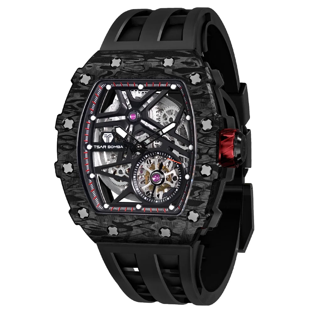 TSAR BOMBA Automatic Watch Men Carbon Fiber Mechanical Wristwatch Skeleton Clock Mens Tonneau Luxury Watches