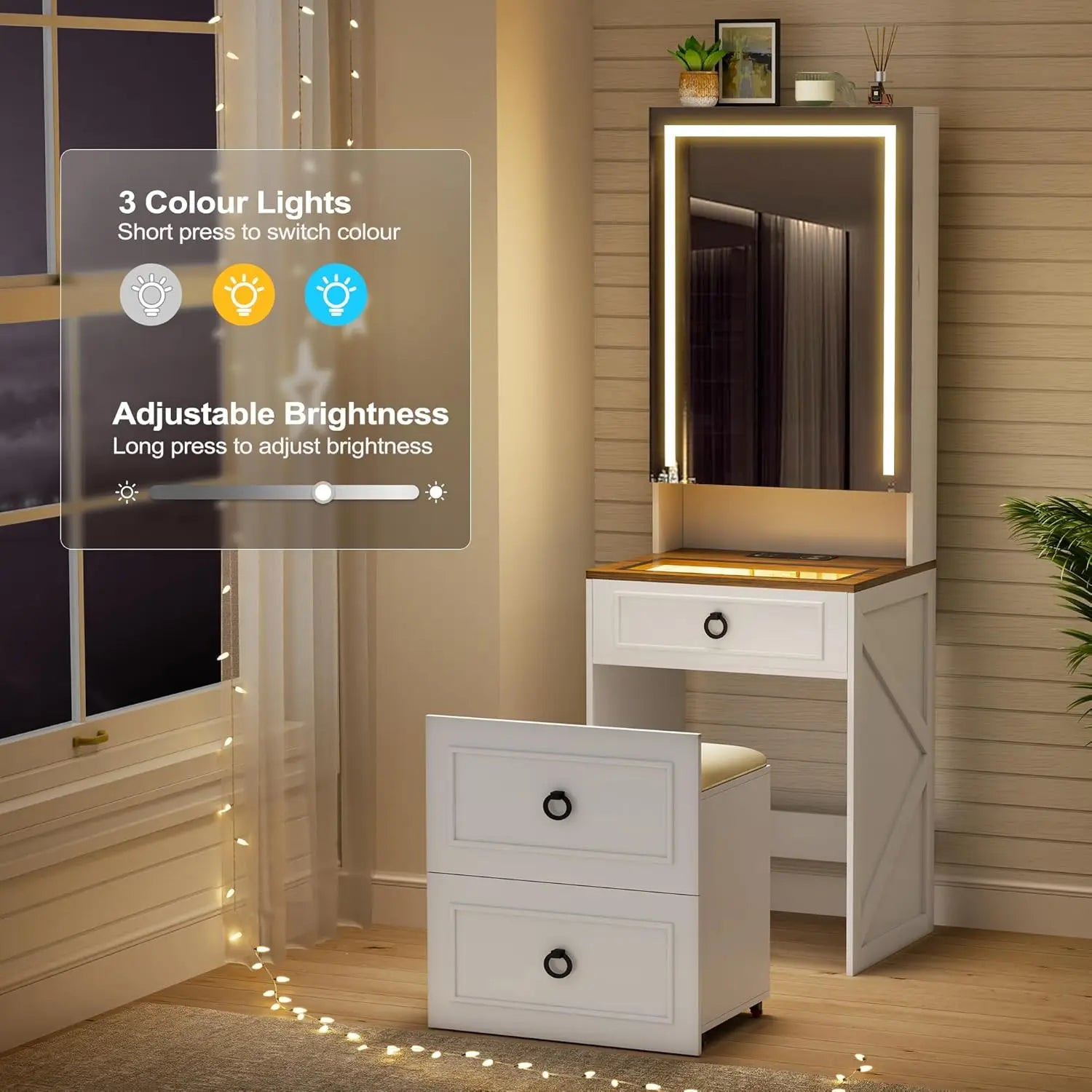 3-in-1 Vanity Desk with Mirror and Lights, Small Compact Makeup Vanity Set with Hidden Storage Stool, Glass Top Dressing Table