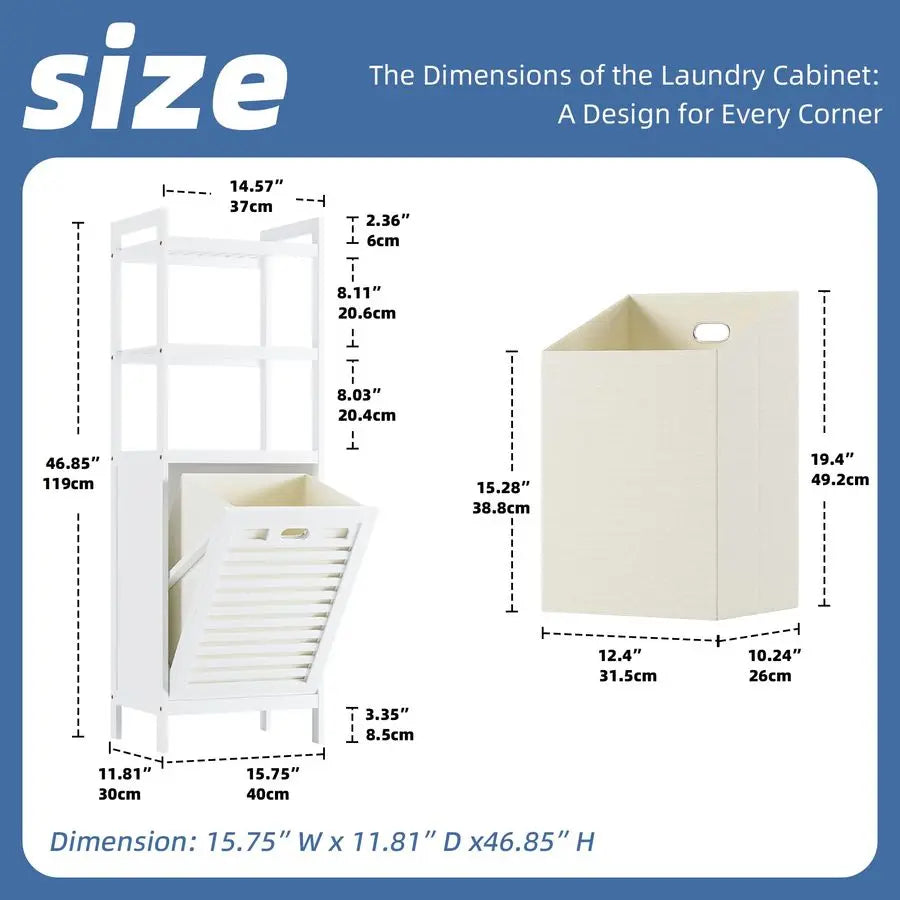 Bamboo Tilt Out Hamper, Bathroom Laundry Cabinet with Hidden Foldable Basket, Freestanding Clothes Storage Organizer with Storag