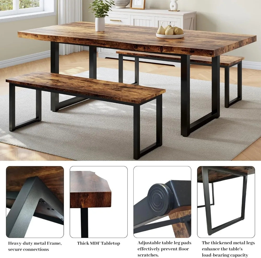 63" Modern Dining Table Set with 2 Benches for 4-6 Persons, Thickened MDF Wooden Kitchen Table and Chairs