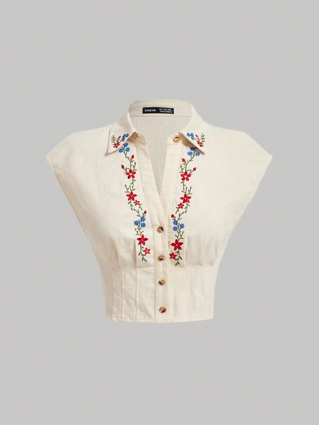 Floral Embroidered Crop Shirt for Women, Short Sleeve Button Down Top, Casual Summer Blouse