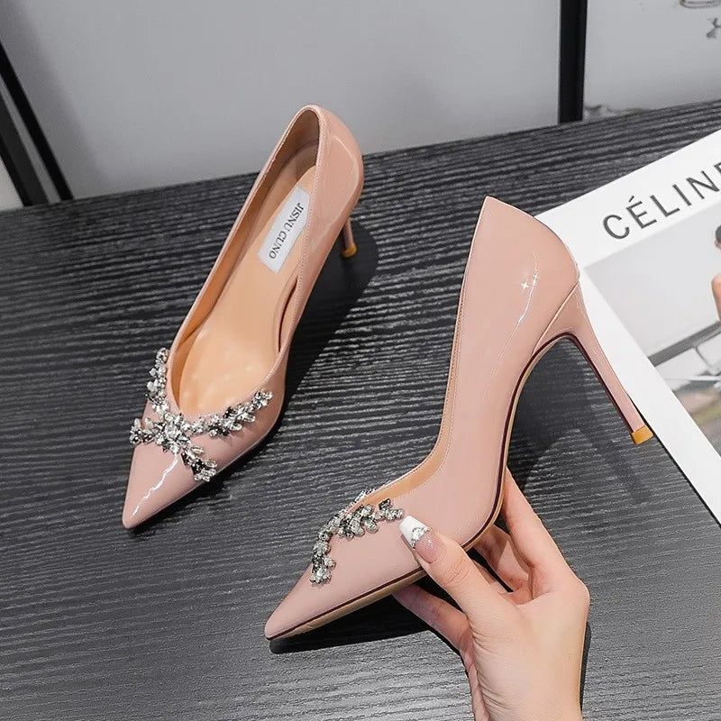 Elegant Pointed Toe Pumps - French Style Stiletto Heels with Crystal Detail, Nude Color Ladies Dress Shoes, Comfort Fit & Chic