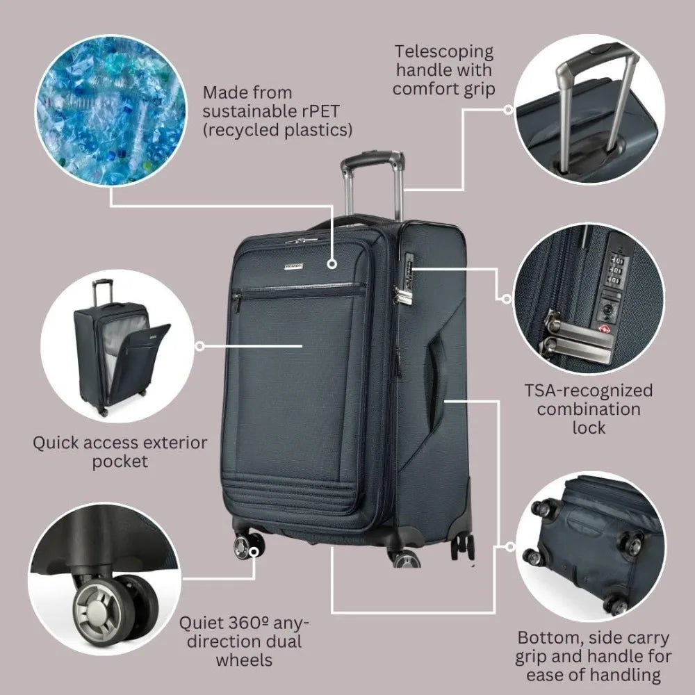 Eco-Friendly Recycled PET Medium Check-In Luggage, Sustainable Lightweight Travel Suitcase, 100% Recycled PET Material, Environm
