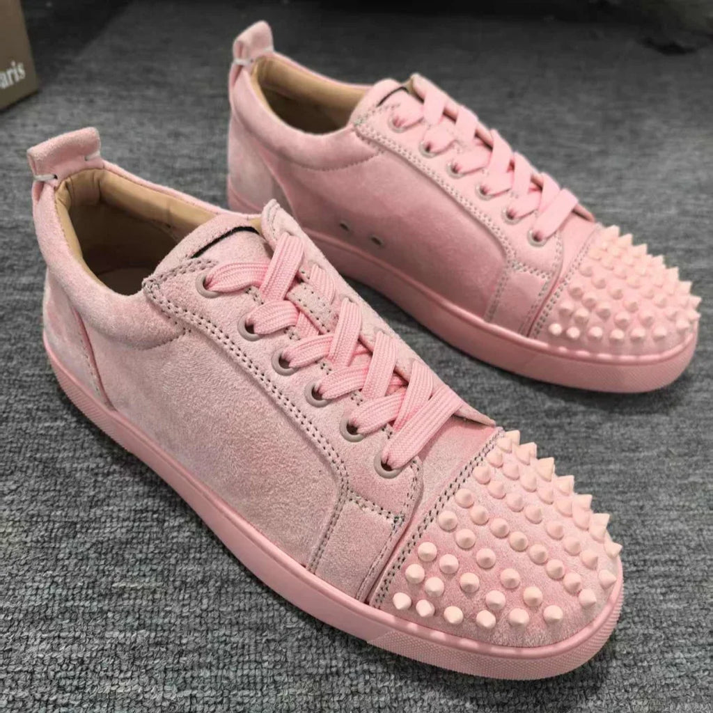 Pink Flannel Suede Leather Women'S Sports Shoes Rivets Lace-Up Sneakers Female Flat Red Sole Fashion Designer Zapatillas Girls