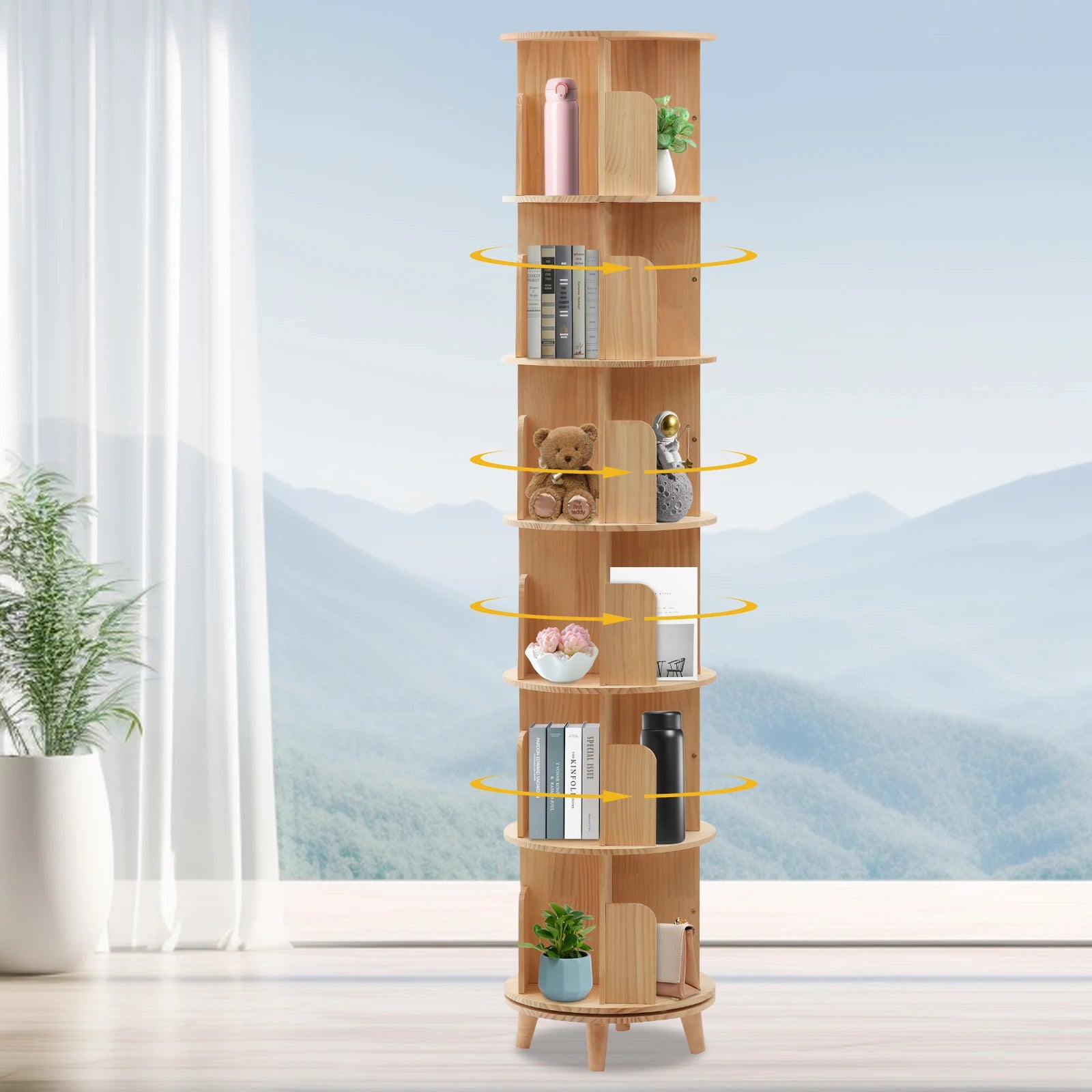 Rotating Bookshelf 6 Tiers Pine Wood 110lbs Load per Layer 0.47in Thick Panels Curved Baffle Reinforced Chassis for Kids Room