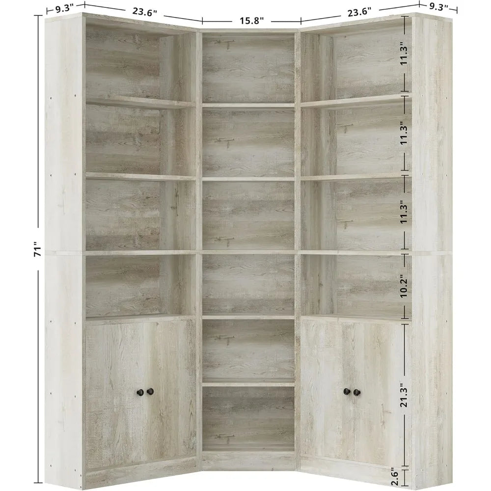 Corner Bookshelf with 7 Tier Shelves and 2 Storage Cabinets, 71 Height Storage Shelves Corner Combination Unit