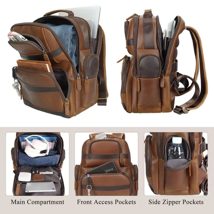Mens Vintage Leather Backpack 15.6 Laptop Bag Large Capacity Business Travel Hiking Shoulder Daypacks