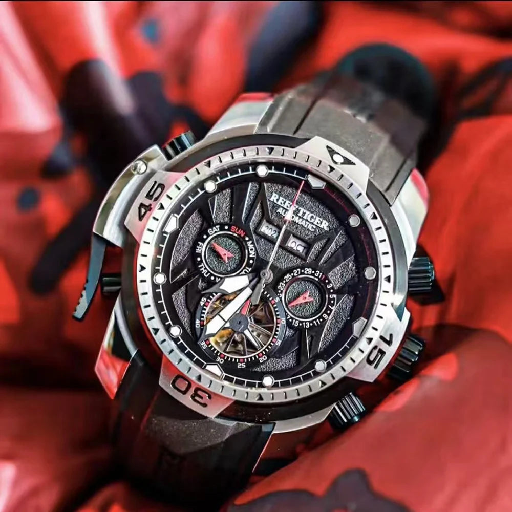 reef tiger Men's Mechanical Watch, Fully automatic multi-functional dual calendar Business men's watch, Men's clock RGA3532