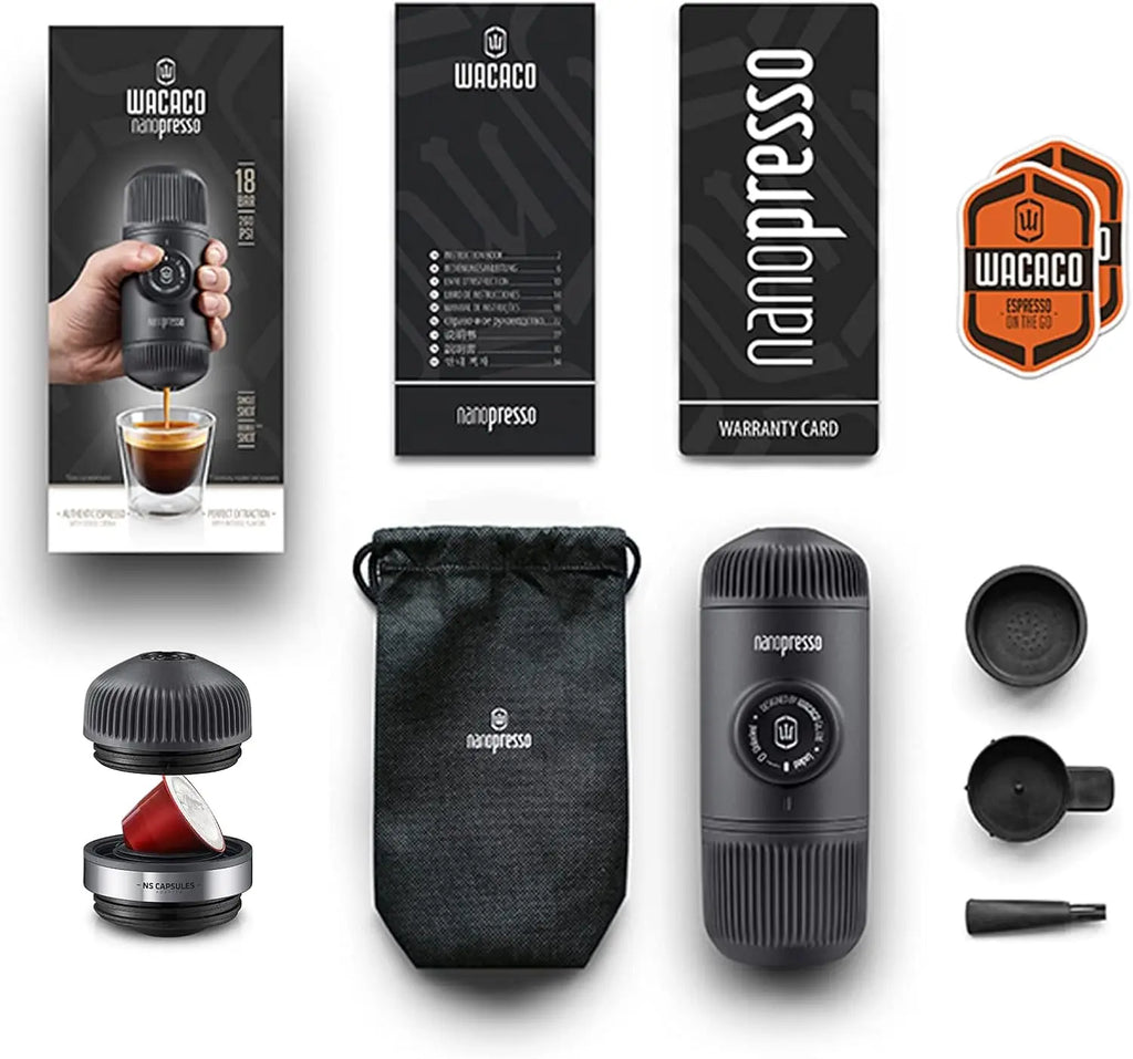 Nanopresso Portable Espresso Maker with NS Adapter, Compatible with NS Capsules & Ground Coffee, Travel Coffee Machine for Campi
