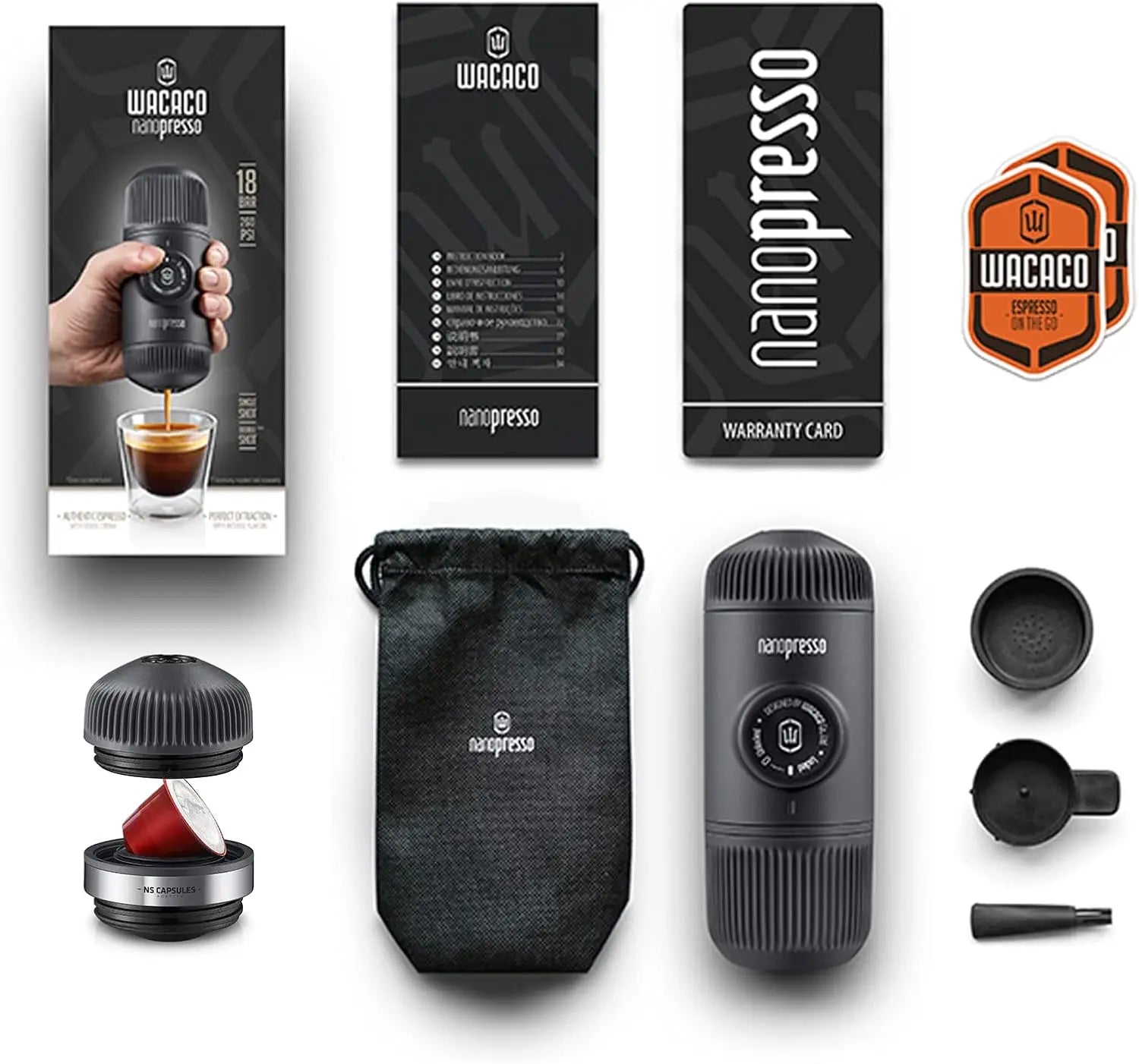 Nanopresso Portable Espresso Maker with NS Adapter, Compatible with NS Capsules & Ground Coffee, Travel Coffee Machine for Campi