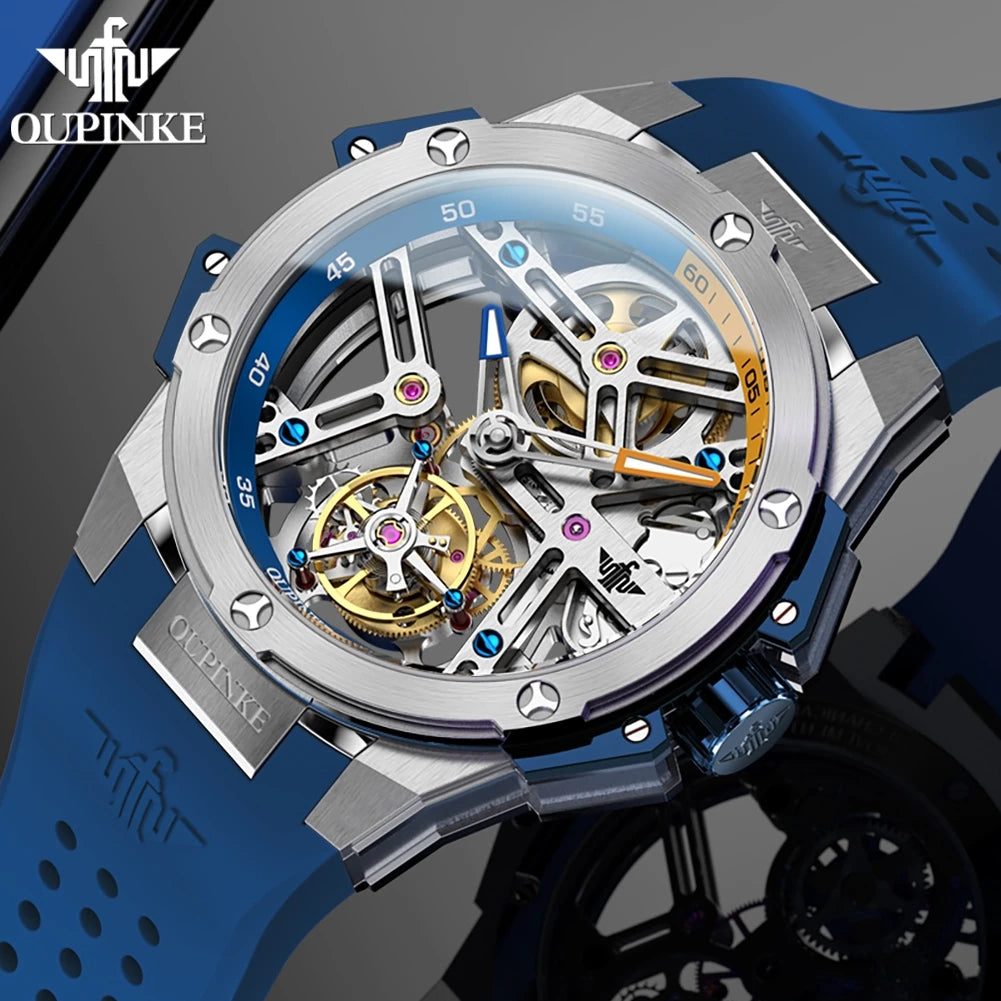 OUPINKE Tourbillon Movement Top Brand Men's Watches Waterproof Silicon Tape Automatic Mechanical Watch Hollow Out Original Watch