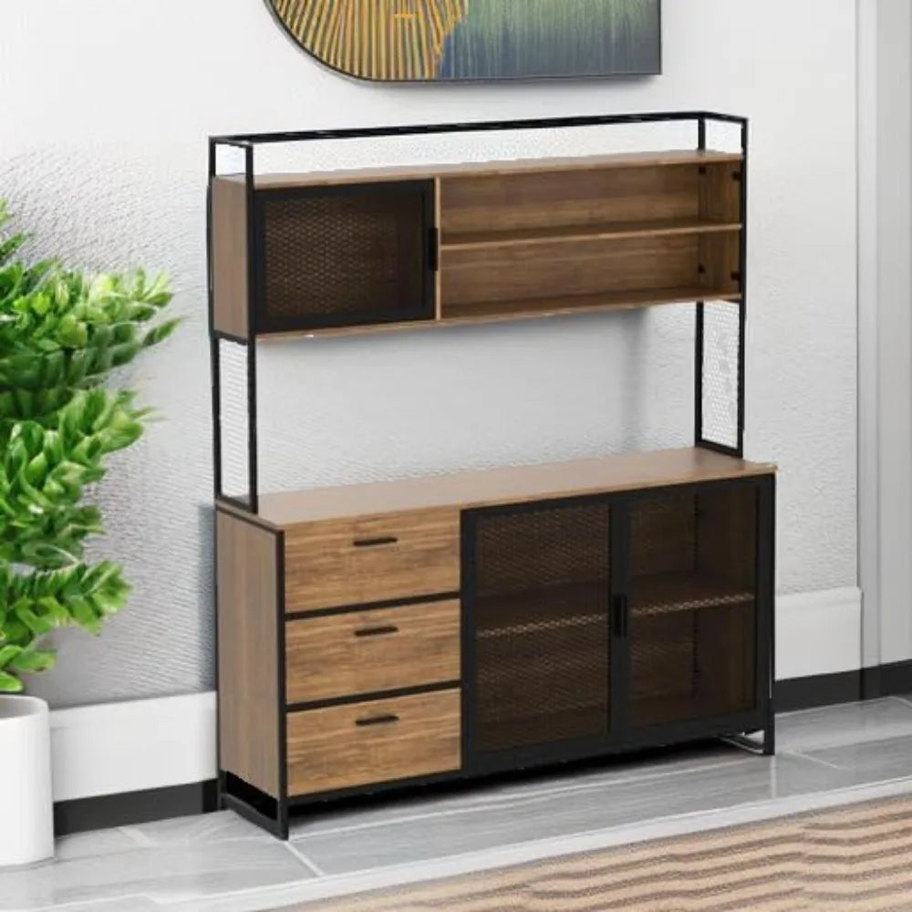 Modern Wood Sideboard Buffet Storage Cabinet with Hutch, 3 Metal Mesh Doors, 3 Drawers & Shelves, Kitchen Pantry Cupboard Conso