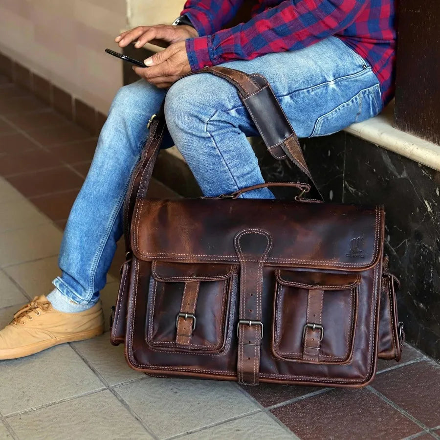 cuero Leather Messenger Bag for Men 16 Inch Laptop Crossbody Vintage Handmade Leather Shoulder Satchel Bag for Men Full Grain B