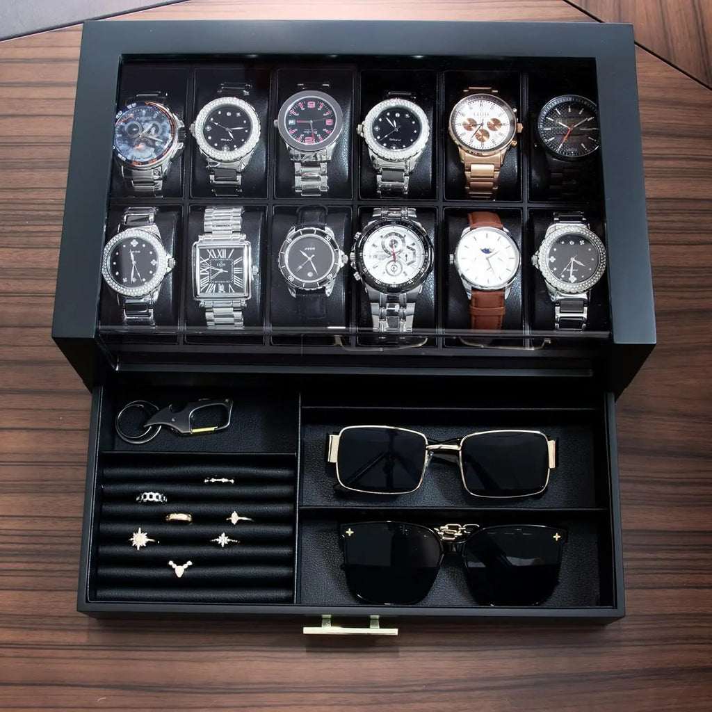 12-Slot Wooden Watch Case with Glass Lid and Drawer, Ideal Gift for Men and Women