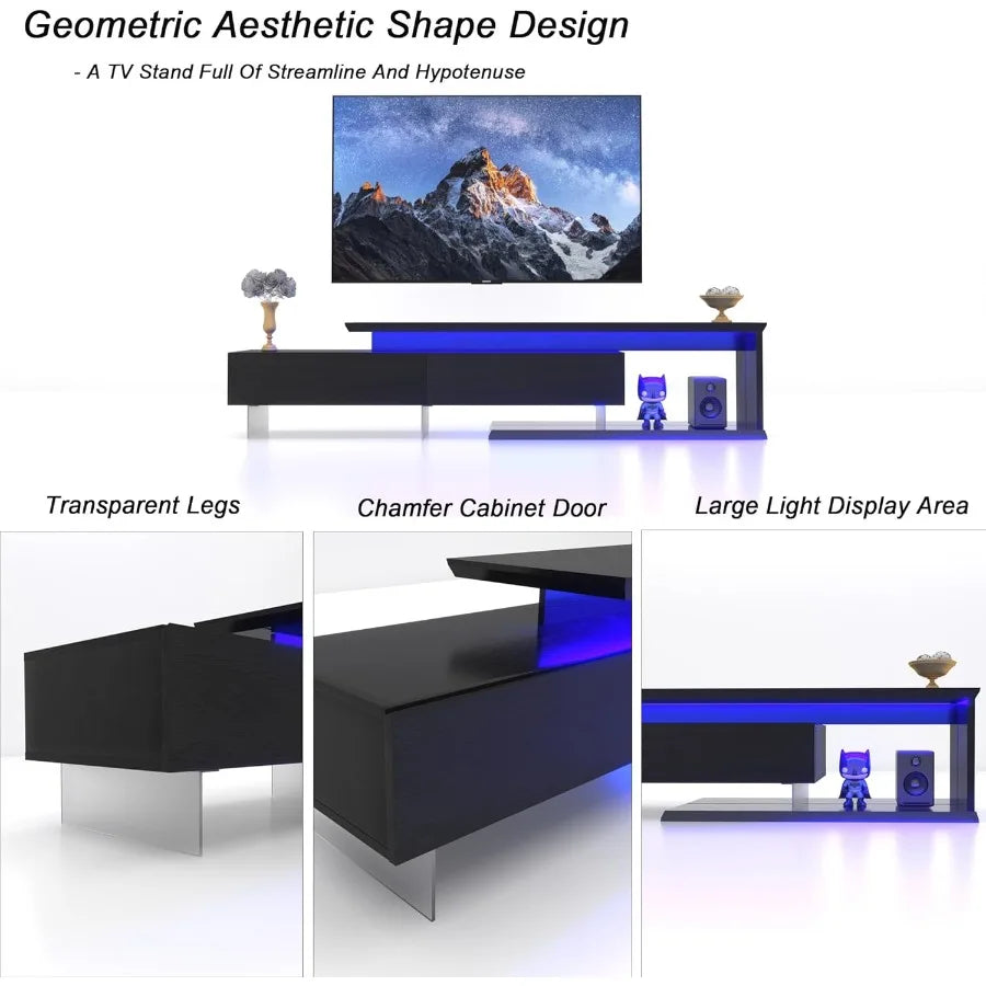 TV Stand for 55 65 75 85 Inch TV Extendable LED Entertainment Center with Light String Equipped with Two Pull-Down Doors 70 80