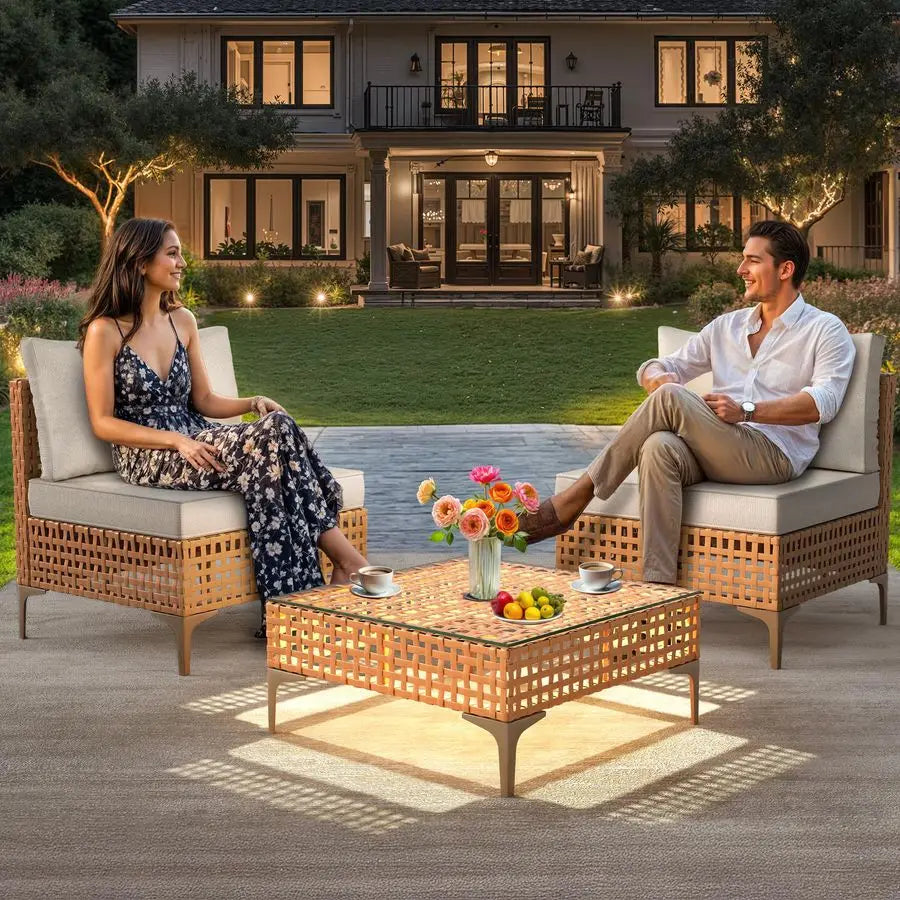 Patio Furniture Set 3 Pieces Outdoor Sectional Sofa with Solar Light Table amp Waterproof Cushions Outdoor Couch AllWeather Rat