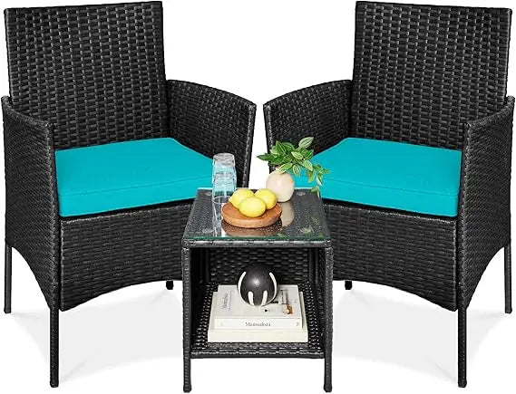 3-Piece Outdoor Wicker Conversation Bistro Set, Space Saving Patio Furniture for Garden w/Side Table - Gray/Navy