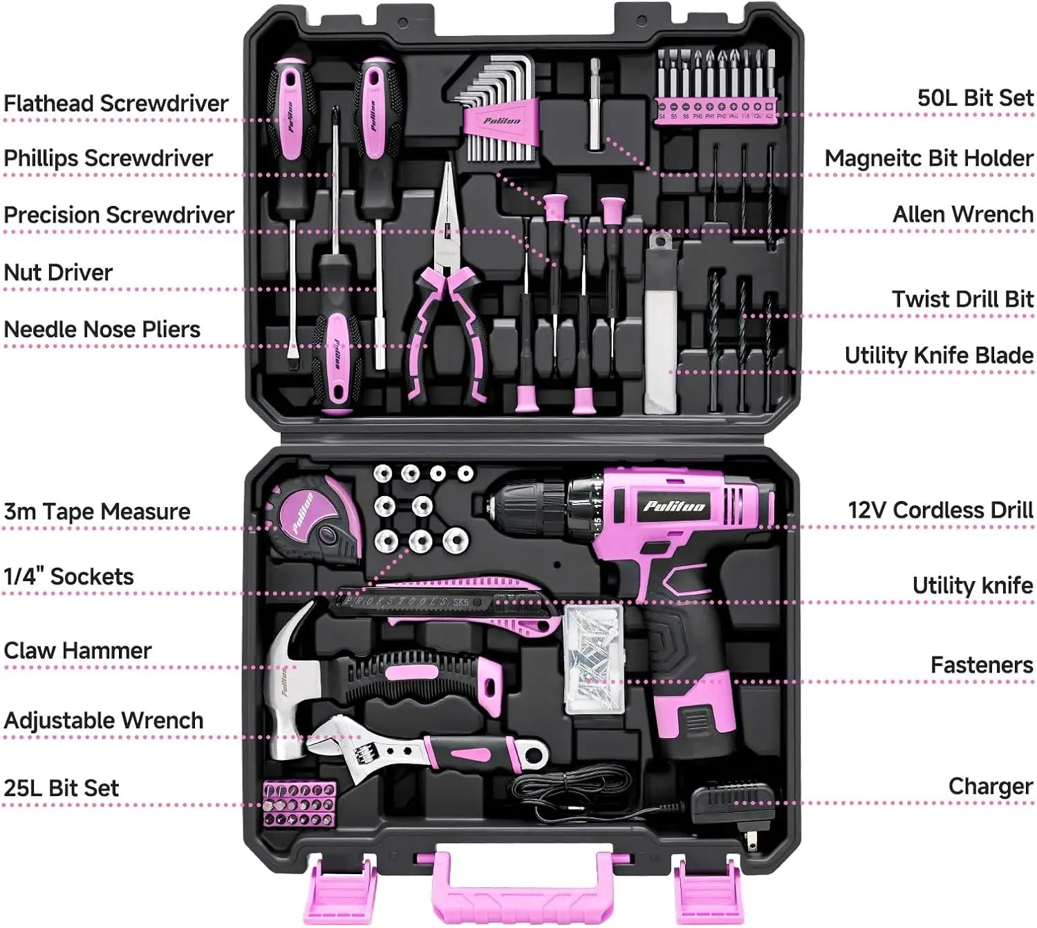 148-Piece Pink Cordless Drill Tool Set with 12V Electric Drill, Hand Tools & Storage Box for Home DIY Projects