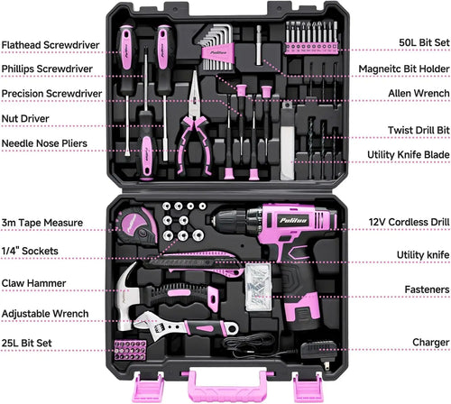 148-Piece Pink Cordless Drill Tool Set with 12V Electric Drill, Hand Tools & Storage Box for Home DIY Projects