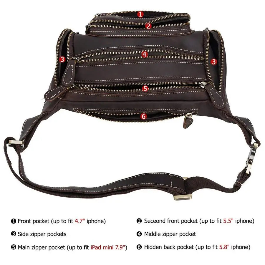 Genuine Leather Fanny Pack for Men Multifunction Waist Bag Outdoor Travel Camping Crossbody Bag