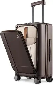 Carry On Luggage 22x14x9 Airline Approved, 20 Inch Suitcase with Front Compartment & Cup Holder, Coffee-Infused PC Hard