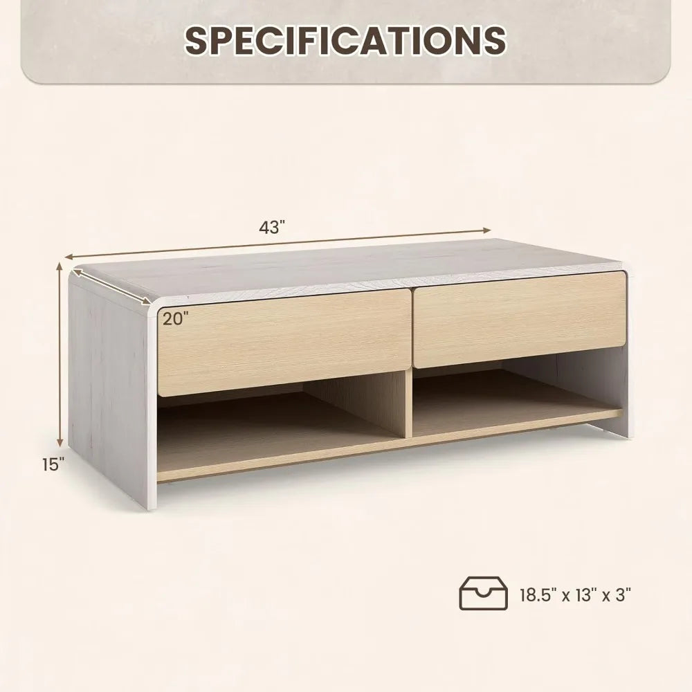Coffee Table with Storage Drawers, 43 Inch Modern Cocktail Tea Table with 2 Compartments, Wooden Rectangular Center Table