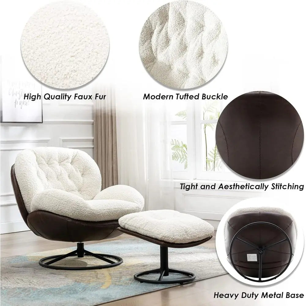 Luxury Swivel Faux Fur Accent Chair with Ottoman, Plush Tufted Lounge Chair on Metal Base for Home Reading, White