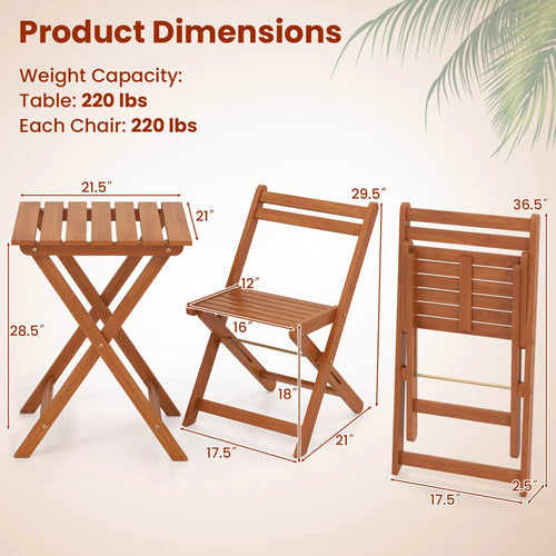 3 PCS Outdoor Wood Bistro Set w/ 2 Folding Chairs & Dining Table for Backyard