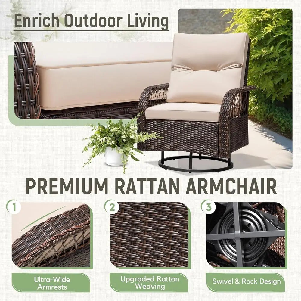 Luxury Brown/Beige Wicker 3-Piece Outdoor Swivel Rocker Set with Side Table and Cushions