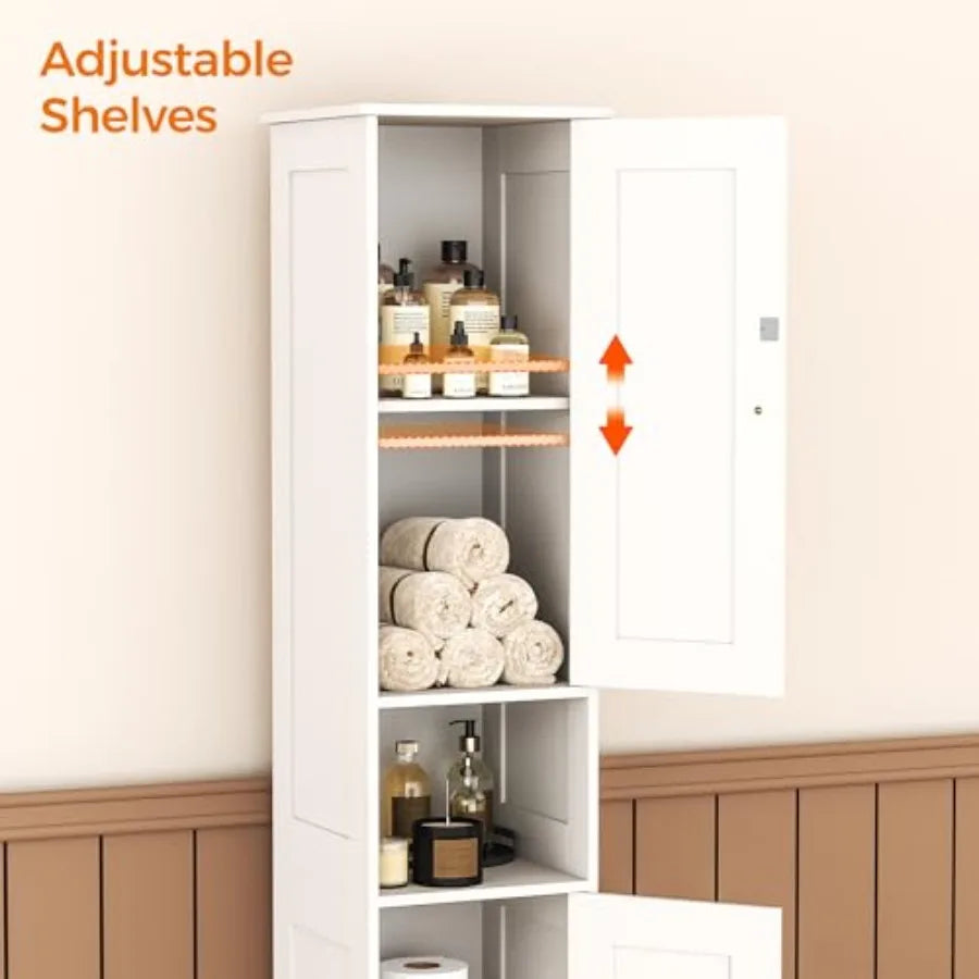 Tall Bathroom Storage Cabinet with 2 Doors 67"H Narrow Storage Cabinet with Adjustable Shelvesand Anti-Tip Design Reversible Do