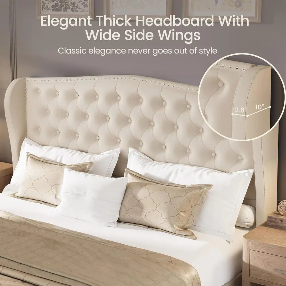 Velvet Wingback Queen Bed Frame with Deep Button Tufted Platform and Wood Slat Support, No Box Spring Needed.，Customized