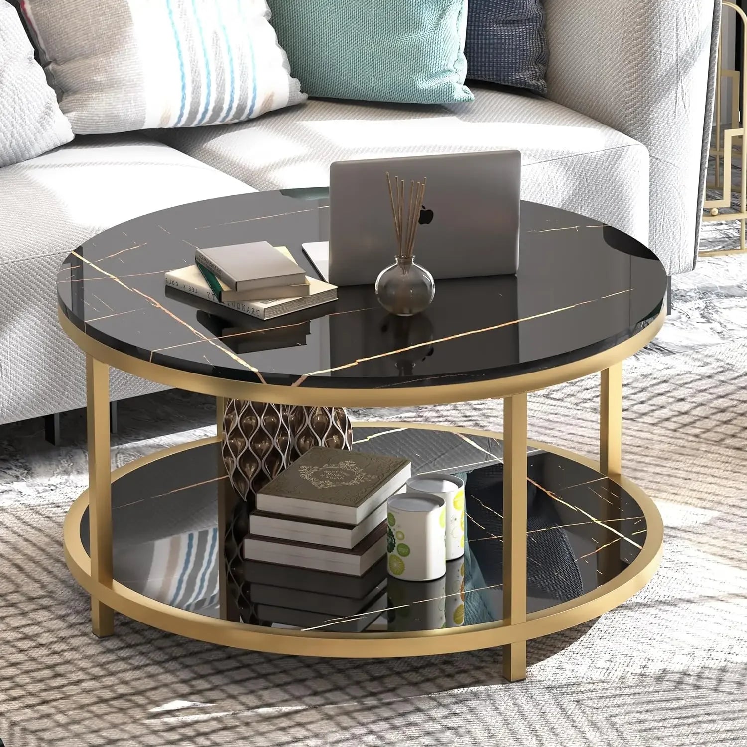 33.5"Round Coffee Table  Coffee Tables Room High Glossy Faux Marble Top Circle Table Sturdy Gold Frame Legs Cocktail Table