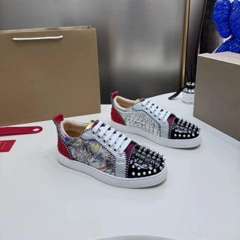2025 New Breathable Couple Red Sole Shoes Genuine Leather Rivet Flat Casual Trendy Comfortable Unisex Footwear