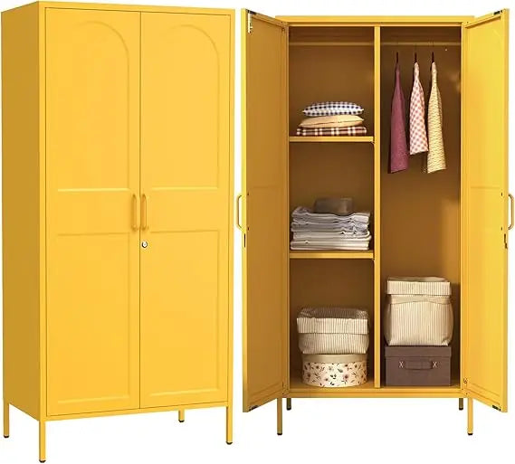67 Inch Steel Lockable Wardrobe Cabinet with Hanging Rods, Adjustable Shelves for Home Storage
