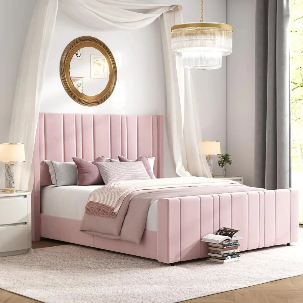 Queen Bed Frame Pink Upholstered Bed with Vertical Channel Tufted Headboard & 22" Footboard, Noise Free/Wooden Slats，Customized
