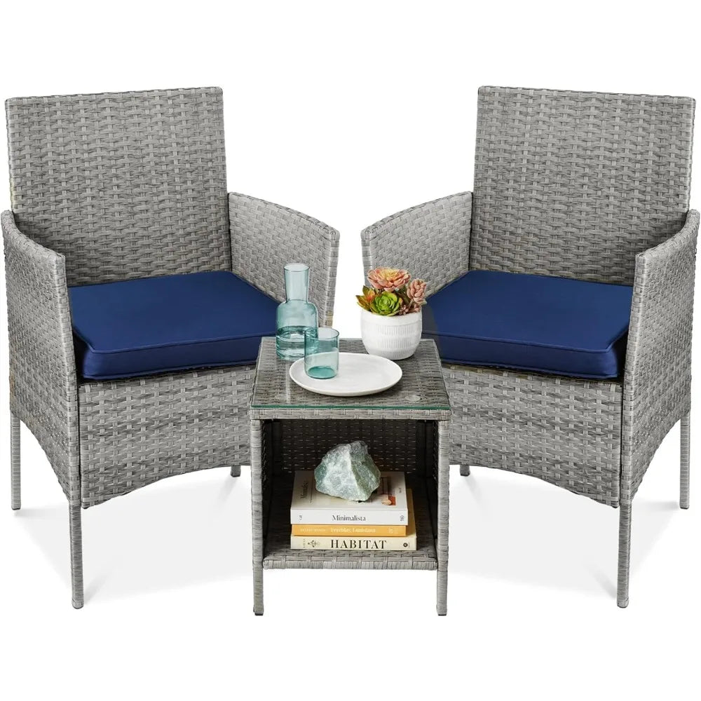3-Piece Outdoor Wicker Conversation Bistro Set, Space Saving Patio Furniture for Garden w/Side Table - Gray/Navy