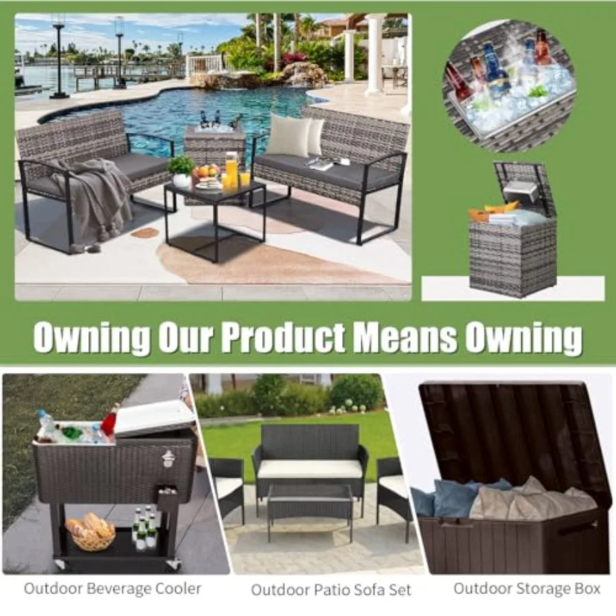 FHFO 4 Piece Outdoor Patio Furniture Set with Built-in Beverage Cooler Storage Box Wicker Conversation Sets Patio Outdoor Loves
